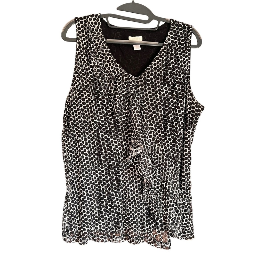 Chicos Size 3 Black White Polka Dot Sleeveless Ruffle V Neck Top Women